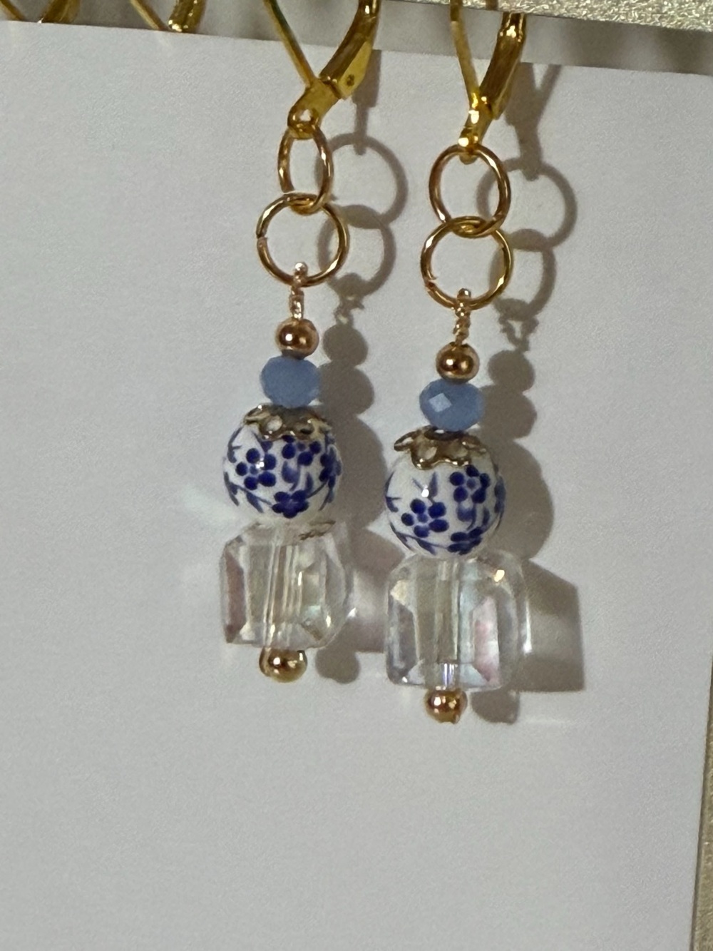 Gold Drop Earrings with Blue & White Floral Beads